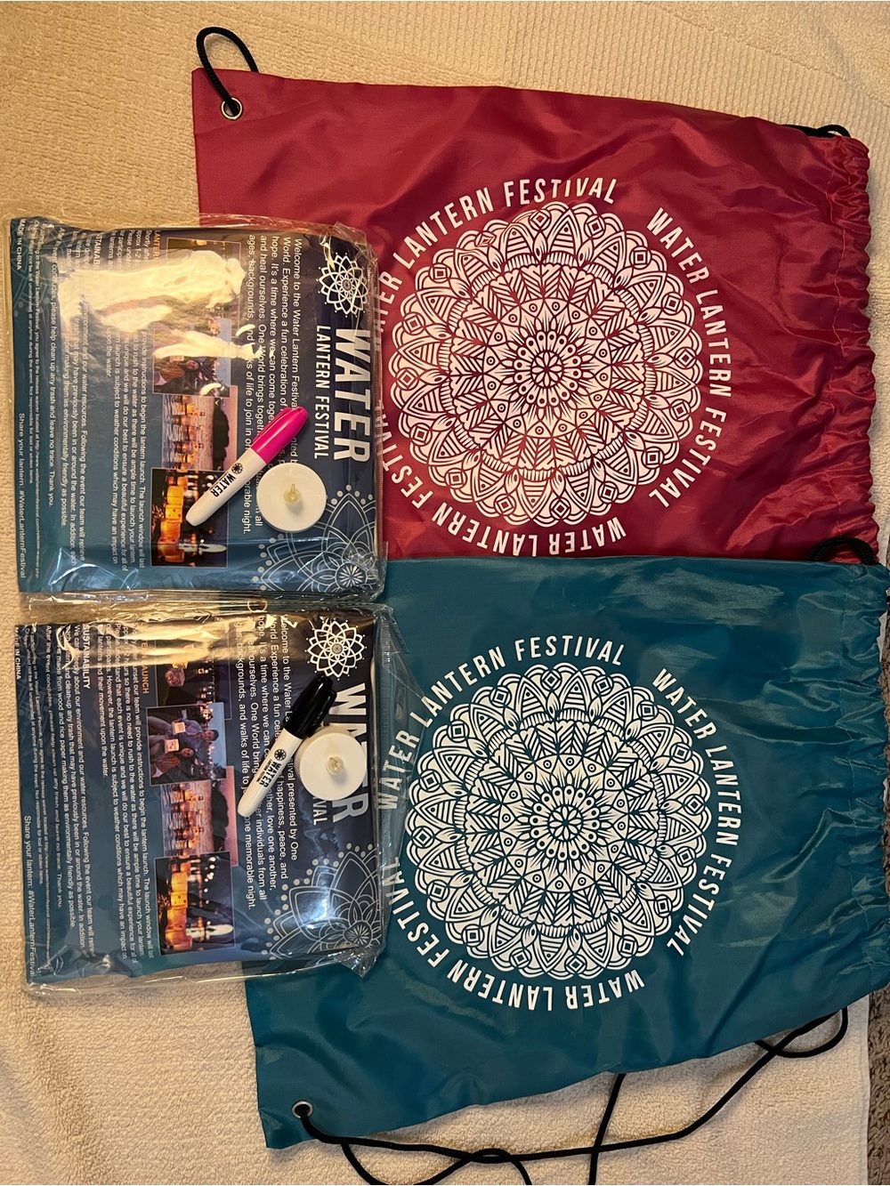 Water Lantern Festival Drawstring Bags - Teal & Burgundy